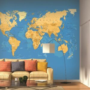 World Map Mural - Blue & Beige