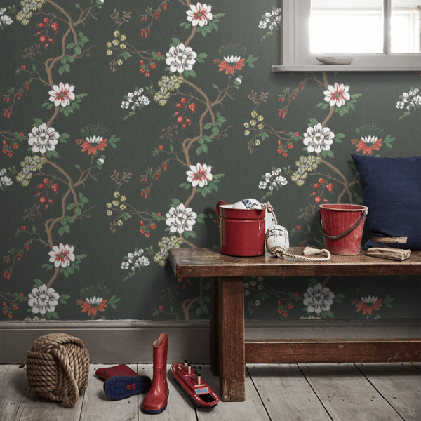 White / Red / Charcoal Camellia Wallpaper