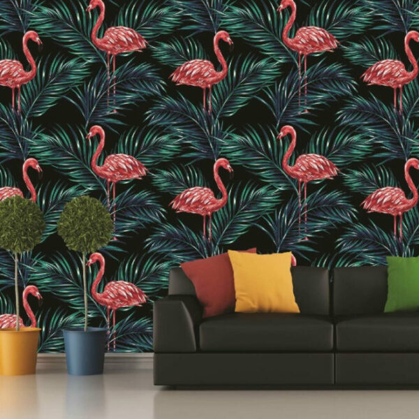 Flamingo Tropical Leaves Mural