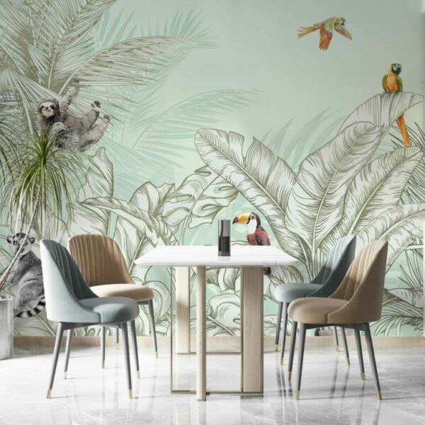 Animals & Palm Leaves Pattern Mural – Green | FJ307-3