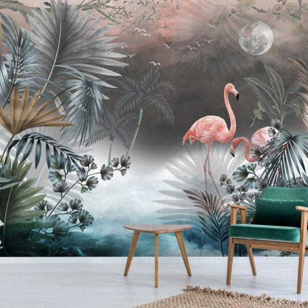 Botanic Mystical Night Moon and Flamingos Wallmural