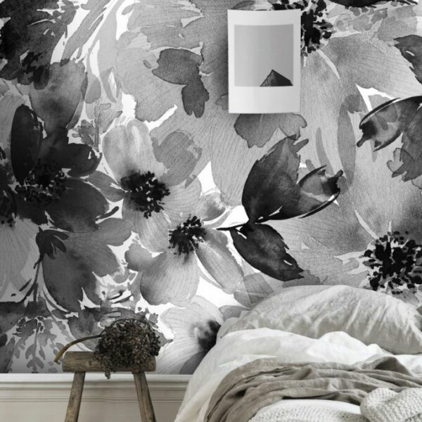 Watercolor Black and White Flowers Wallpaper Wallmural