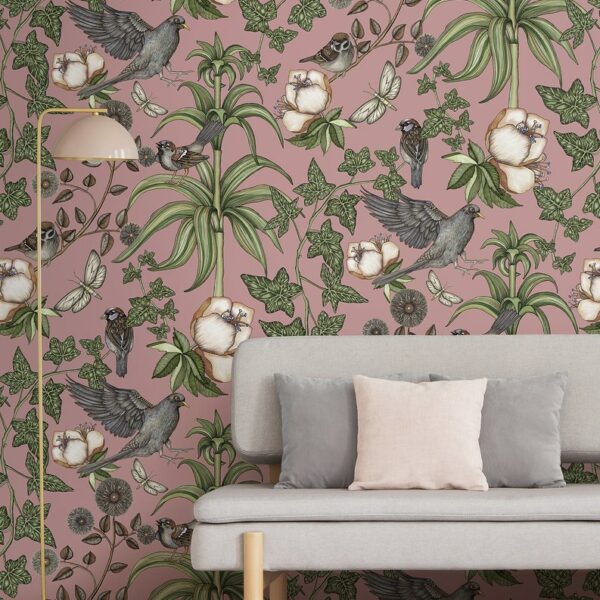 Birds And Green Flowers Wallmural