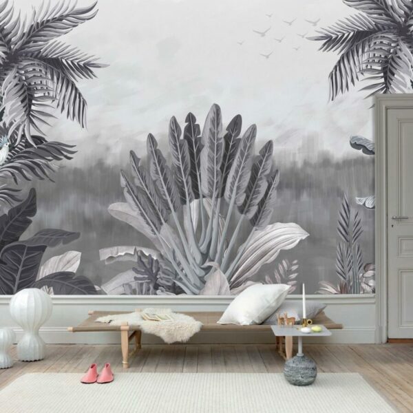 Tropical Trees and Bird Mural - BW