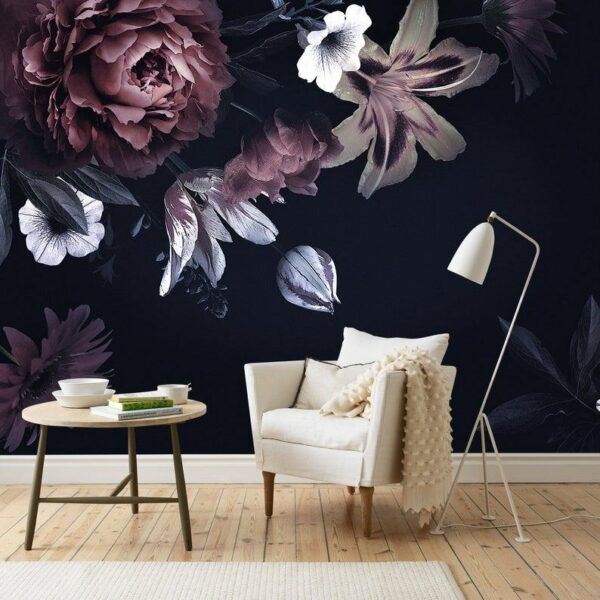 Black Background Flowers Mural