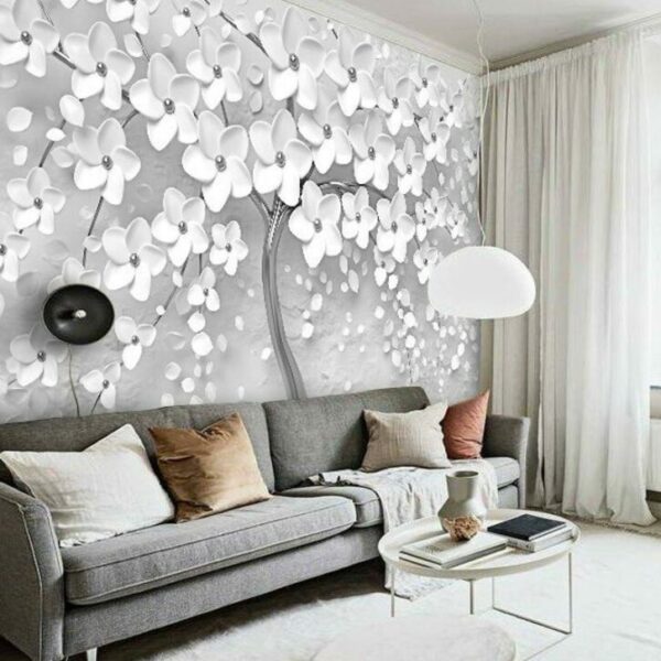 3D Look Silver Detailed White Flower Tree Wallmural