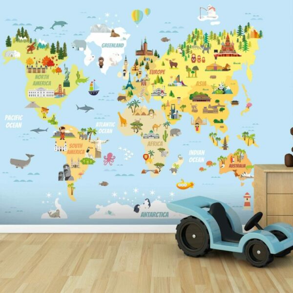 Colorful Kids Animal World Map Mural- WB2174