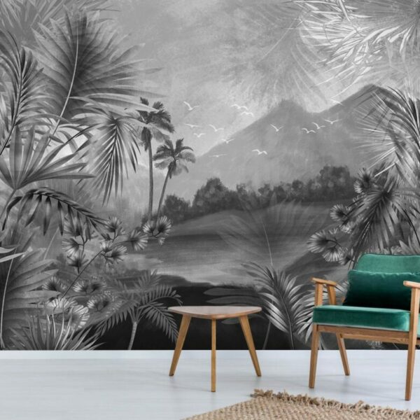 Black And White Beautiful Tropical Lake Landscape And Mountains Wallmural