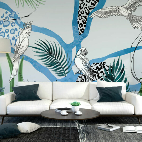 Parrots on a Blue Tree Wall Murals