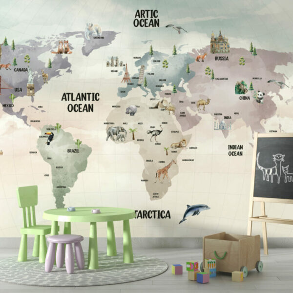 World Map Animal Wall Murals