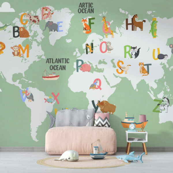 Alphabet And Animals World Map Wall Murals