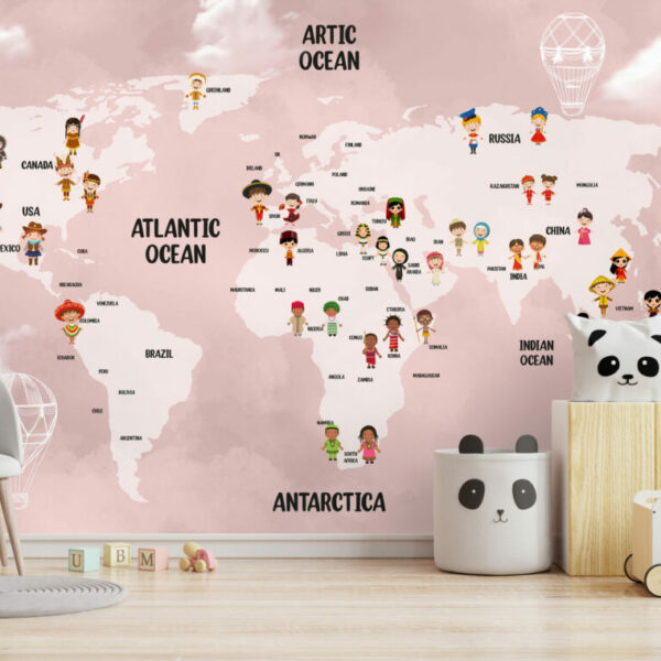 Pink Kids Pattern World Map Wall Murals