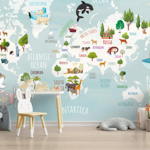 Turquoise Background Animal Child Map 3D Wall Murals