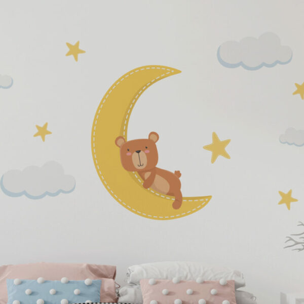 Cute Teddy Bear Moon and Stars Wall Decals